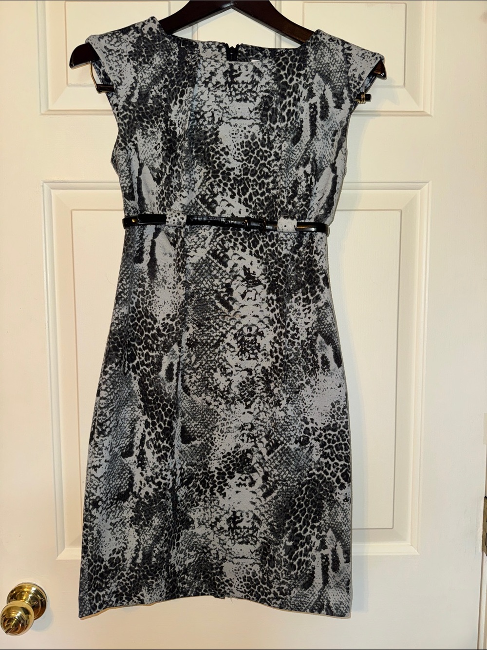Calvin Klein Black & White Snake-Print Midi Sheath Dress with Belt